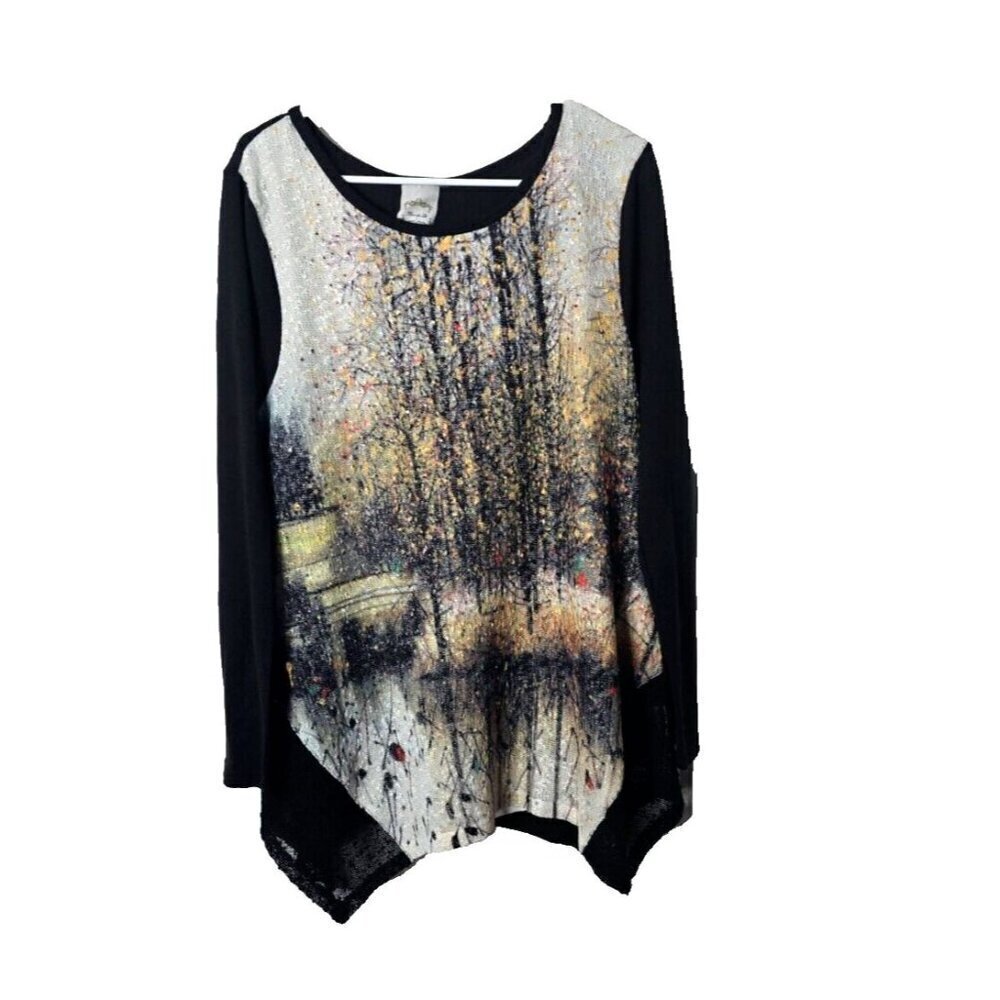 Fleur De Lis Top XL Artsy Nature Winter Trees Abstract Casual Rhinestone Stretch